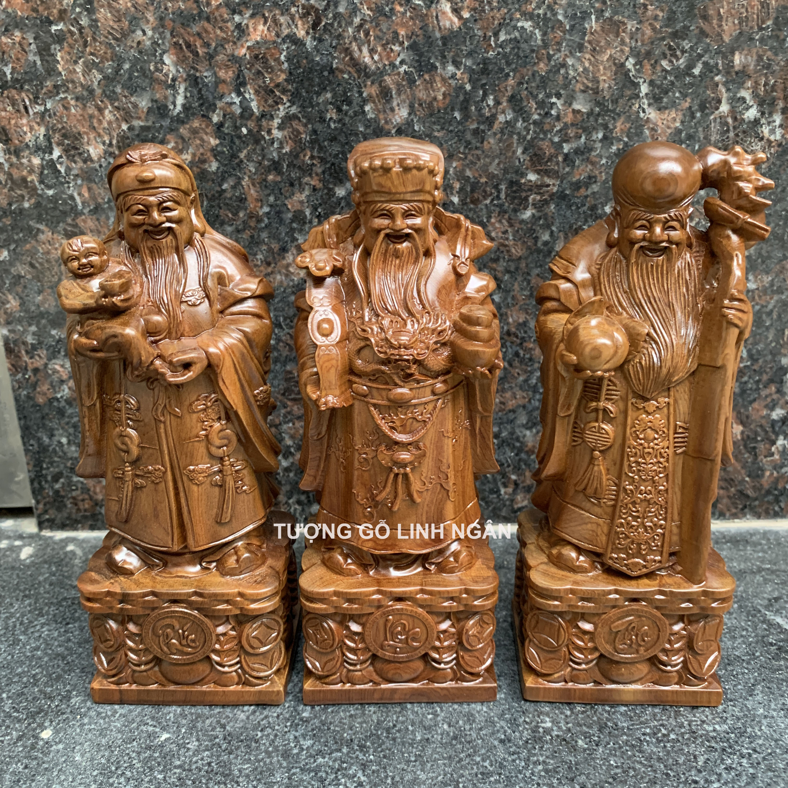 Tượng tam đa phúc lộc thọ gỗ bách xanh (cao 20 ngang 7 sâu 5 cm)