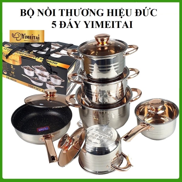 Giá bán LOẠI XỊN - Bộ nồi Đức 5 đáy Yimeitai 6 món lắp hợp kim vàng - dùng cho mọi loại bếp điện, bếp từ, bếp ga