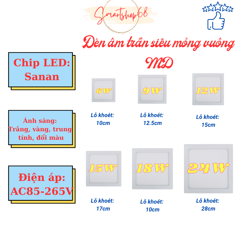 Đèn LED âm trần siêu mỏng vuông ánh sáng trắng (12W-Φ150) - MD02