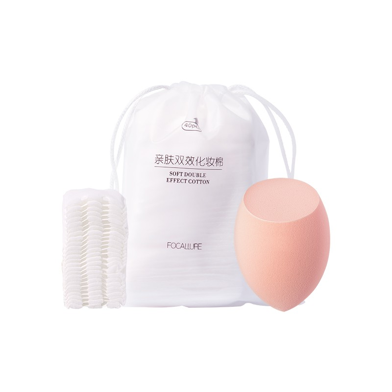 Focallure 40 bông tẩy trang mềm mại FOCALLURE có túi đựng tiện dụng + Mút tán phấn hình giọt nước  - INTL