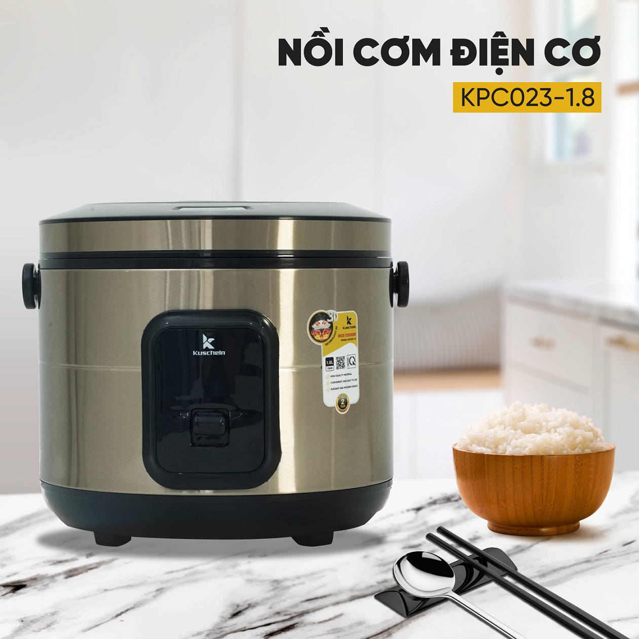 Nồi cơm điện 1.8L KUSCHELN lòng nồi hình niêu, chống dính hoàn toàn, công suất 700W chuẩn Đức, tiện lợi cho 4-6 người ăn - hàng chính hãng