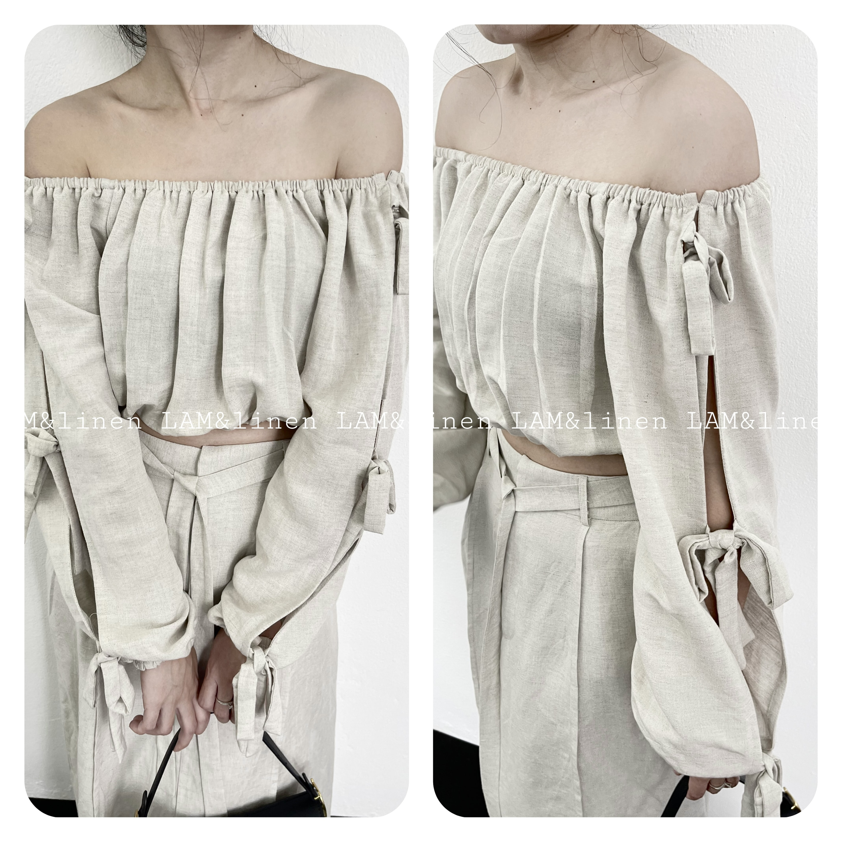 Áo kiểu trễ vai thắt nơ  Linen