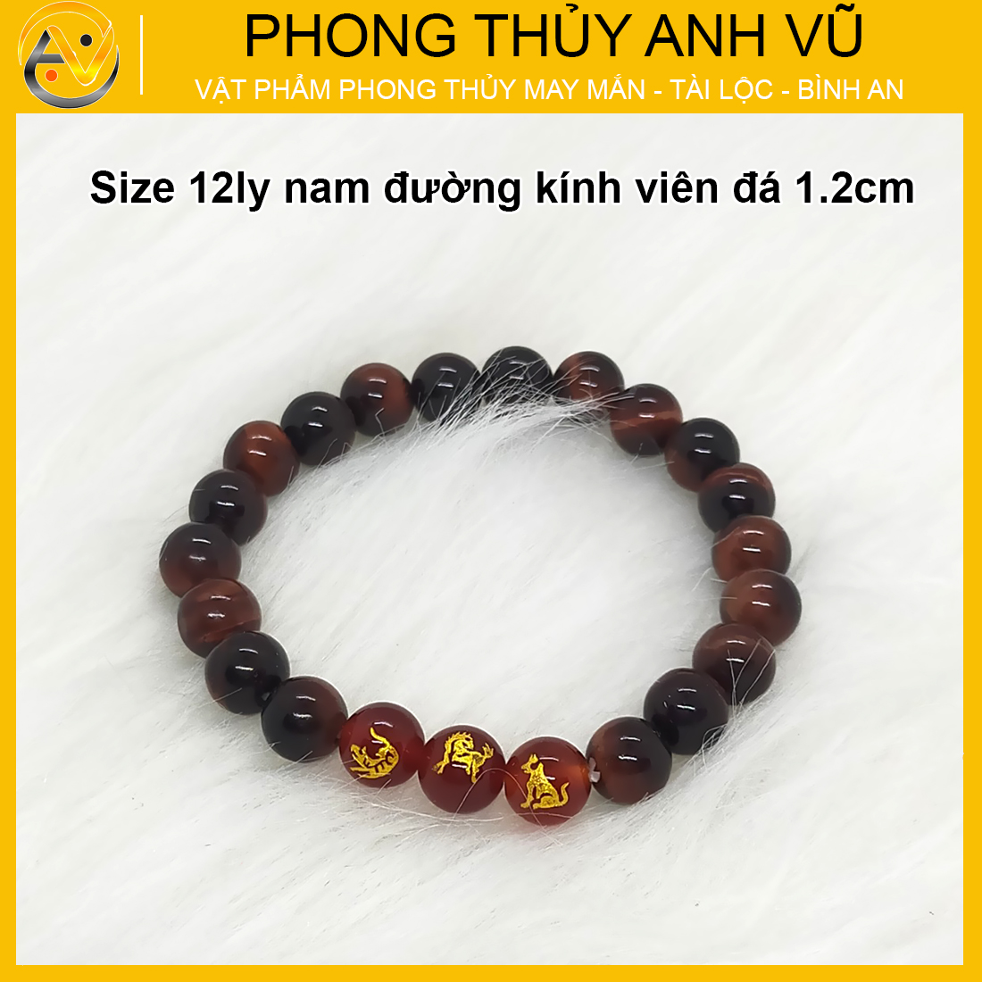Vòng tay 12 con giáp tam hợp dần ngọ tuất - chất liệu mắt hổ đỏ nâu - size 8 10 12ly - có khai quang may mắn tài lộc - PHONG THỦY ANH VŨ