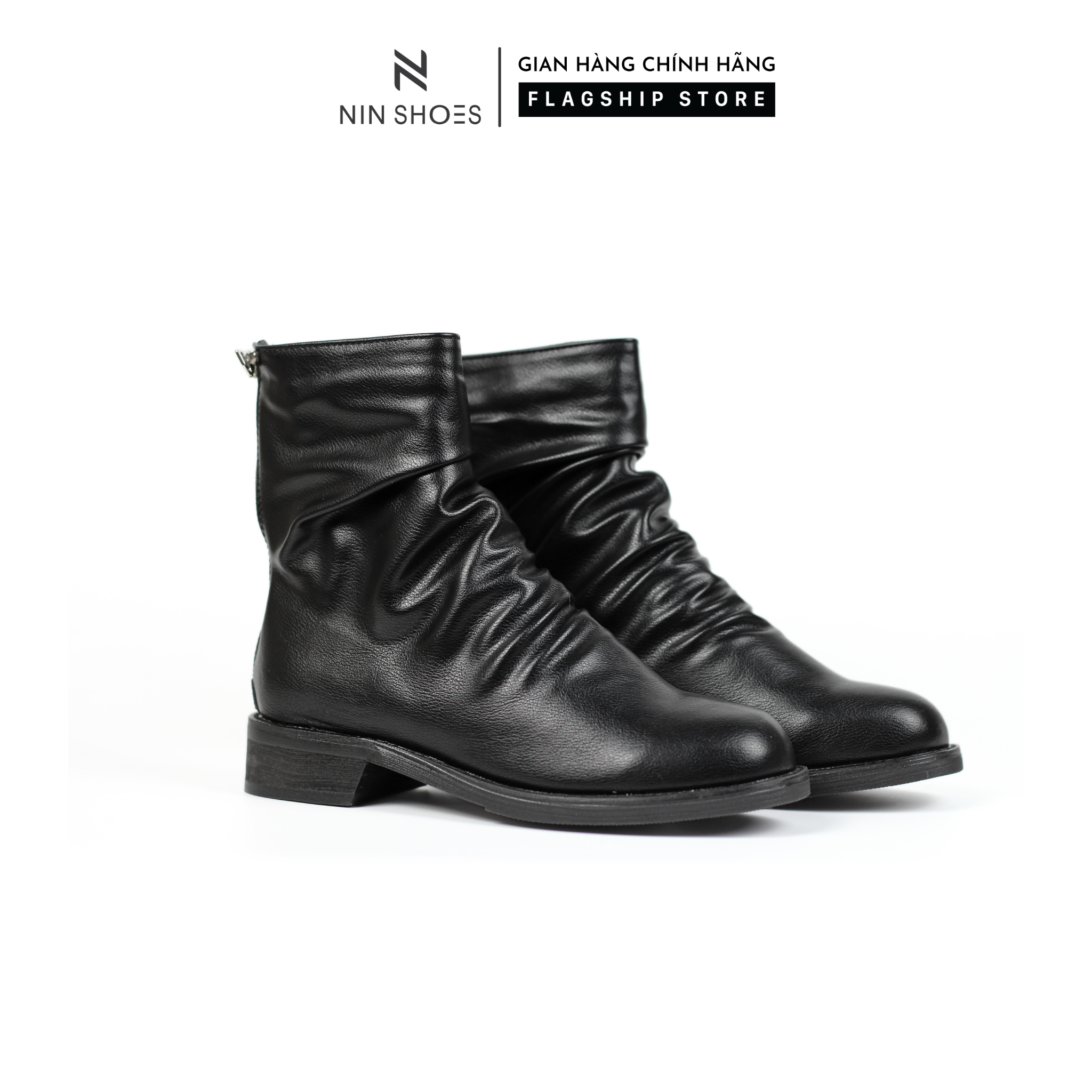 Bốt mijili đế bằng cao cổ ninshoes bằng da cao cấp hách dáng cá tính, độn đế bom021