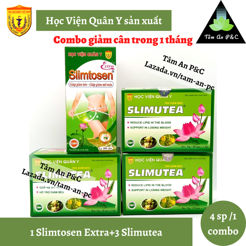 Combo giảm cân 1 hộp viên uống Slimtosen Extra+3 hộp trà Slimutea Học Viện Quân Y dùng trong 1 tháng nhập khẩu