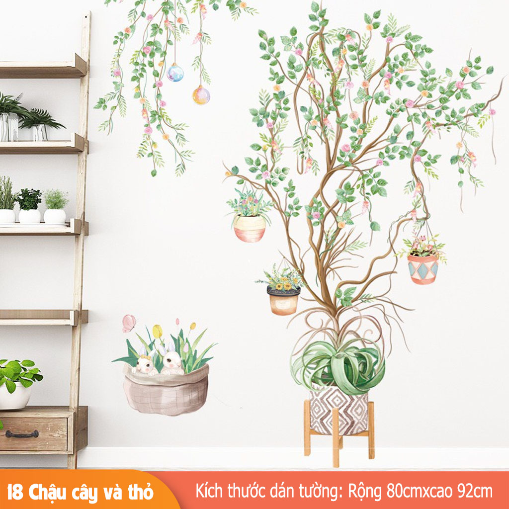 Decal trang trí tường - Chậu cây hoa hồng uốn éo-BA2133