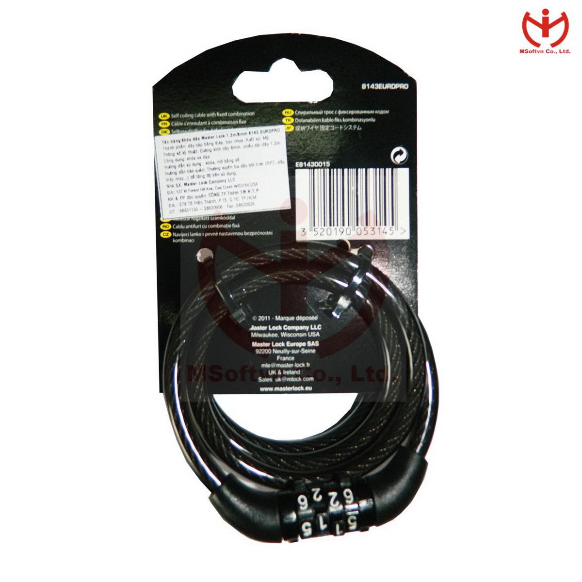 Khóa xe đạp 4 số cố định Master Lock 8143 EURD PRO dây cáp dài 1.2m x 8mm - MSOFT