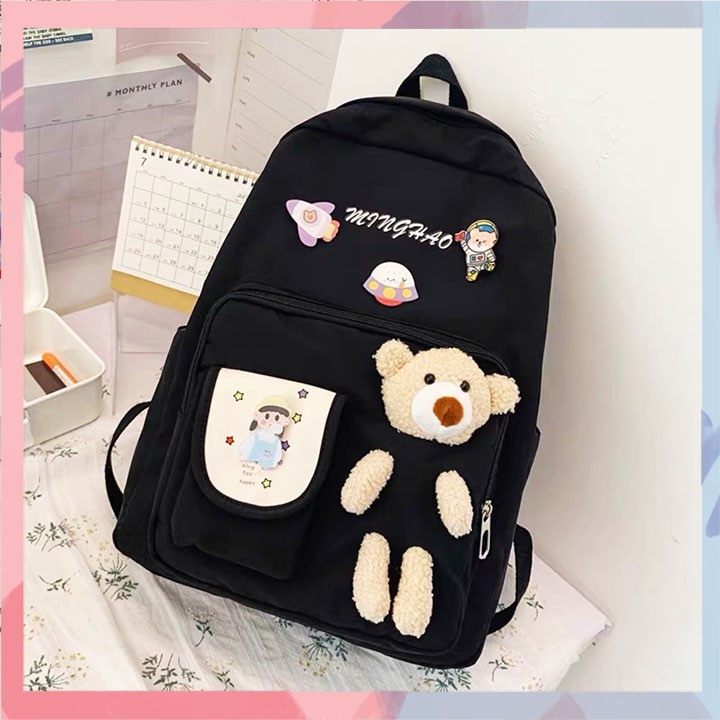 Balo học sinh phong cách Hàn Quốc chất vải Canvas cao cấp, Balo đính kèm gấu bông ngộ nghĩnh siêu cute dễ thương, dành cho các bạn nữ phù hợp đi du lịch dã ngoại