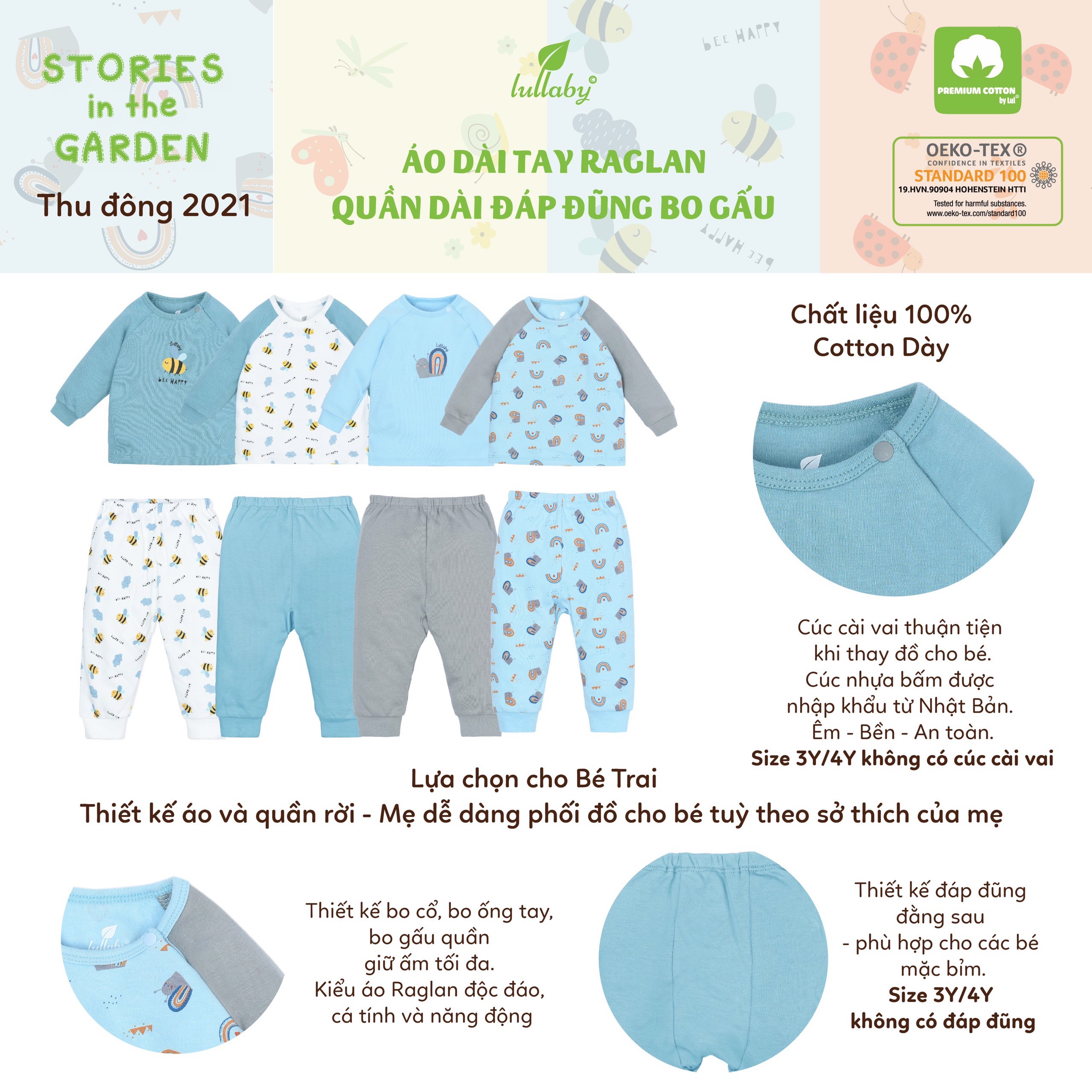Bộ cổ tim raglan bé trai thu đông 2021 Lullaby (Sz 9m-4y)