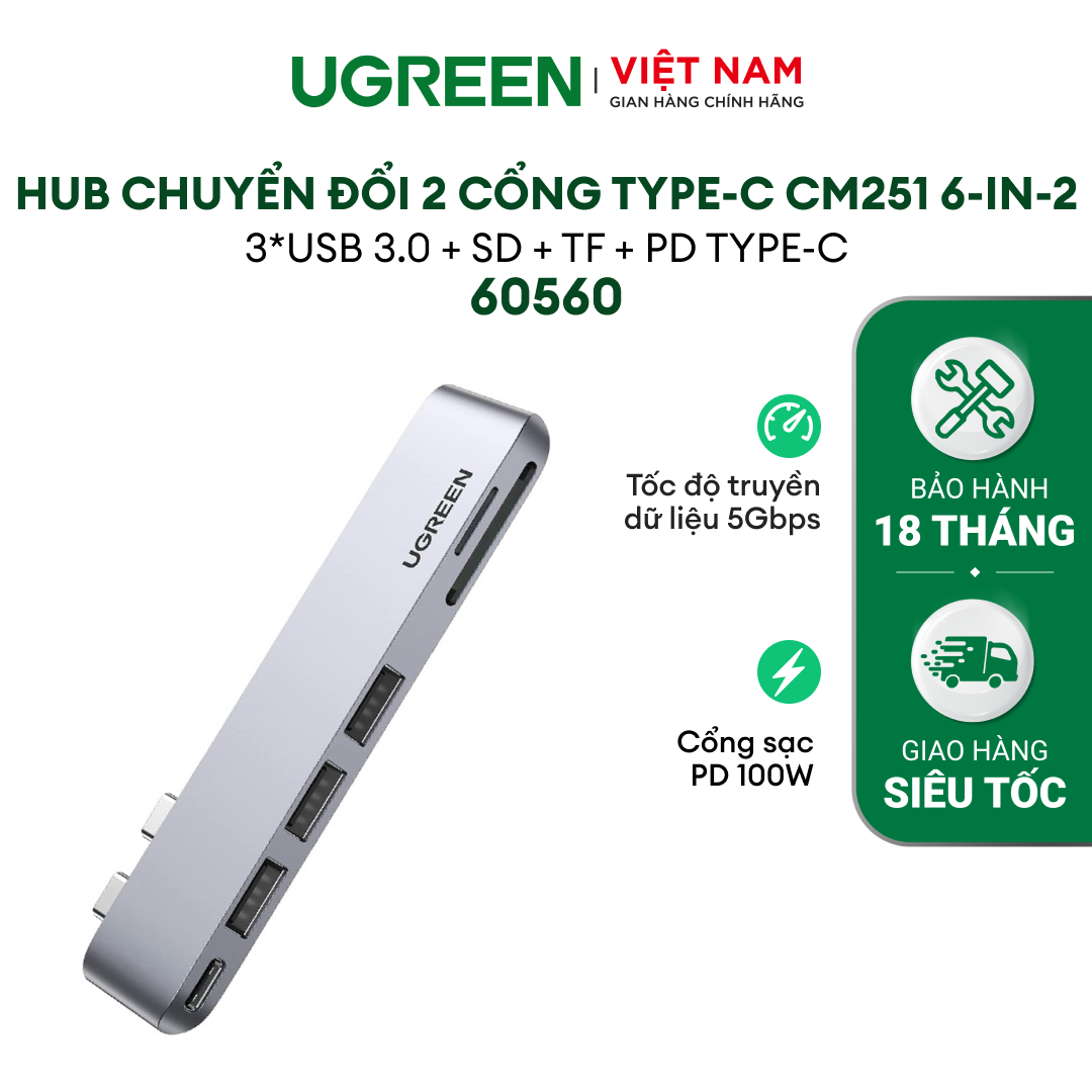 HUB USB-C UGREEN 5 EN 1 - 3 USB 3.0 - 1 HDMI - 1 USB-C DP - 1 JACK 3.5MM (  80132 )