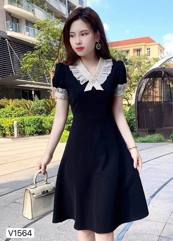 Đầm nữ dự tiệc màu đen phối cổ màu trắng