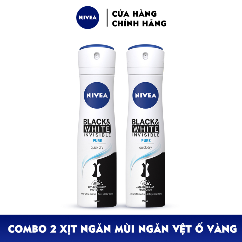 Combo 2 Xịt Ngăn Mùi NIVEA Black & White Ngăn Vệt Ố Vàng Vượt Trội 5in1 (150ml) - 82230