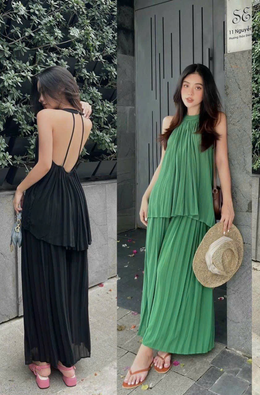 Set thời trang nữ siêu HOT áo cổ yếm hở lưng mix quần dài suông xếp ly, Set bộ hottrend xếp ly áo cổ yếm mix quần dài form rộng, Set bộ đi chơi xếp ly quần dài suông mix áo cổ yếm hở lưng xinh xắn TH