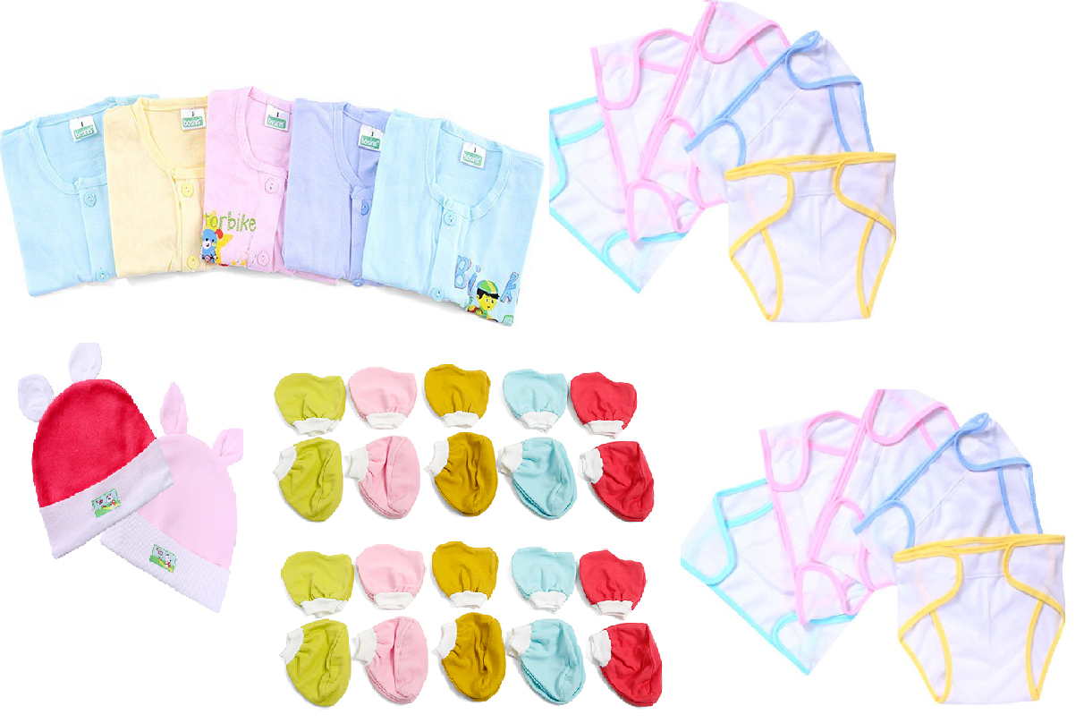 [tặng vòng dâu tằm ] set 37 món đồ dùng sơ sinh ( 5 áo màu nút giữa + 2 nón + 10 tã dán + 10 cặp bao tay + 10 cặp bao chân)