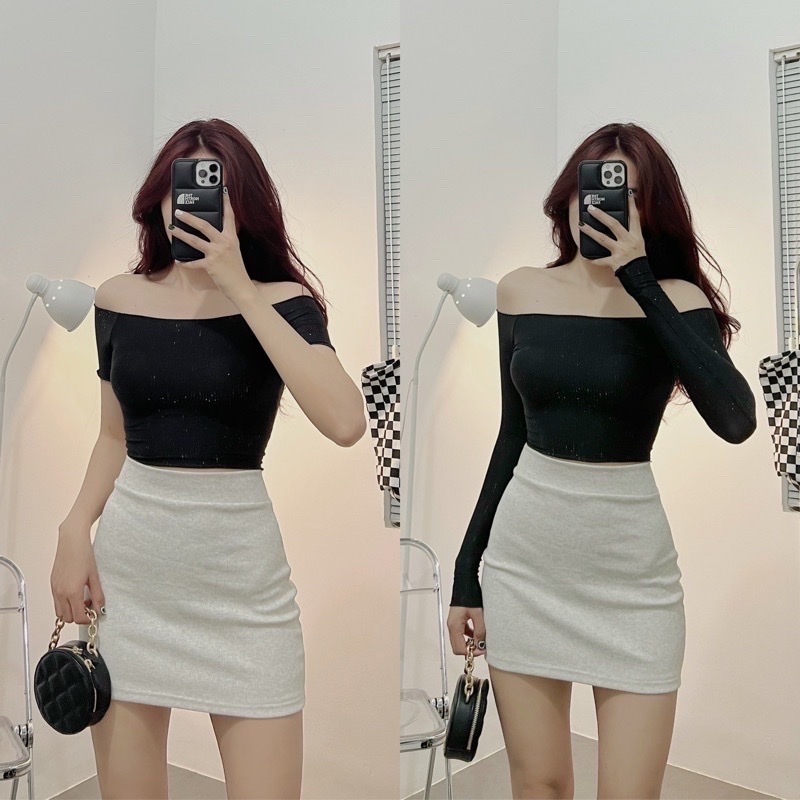 Áo croptop trễ vai cuốn biên tay ngắn & dài