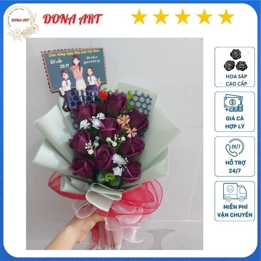 Tặng thiệp , tặng túi bó hoa sáp thơm 9 bông dona art hs 10 làm quà tặng thầy cô , sinh nhật , 14/2 , 8/3
