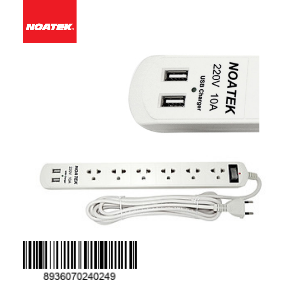 Ổ cắm điện NOATEK 6 phích cắm,2 cổng USB,dài 4M