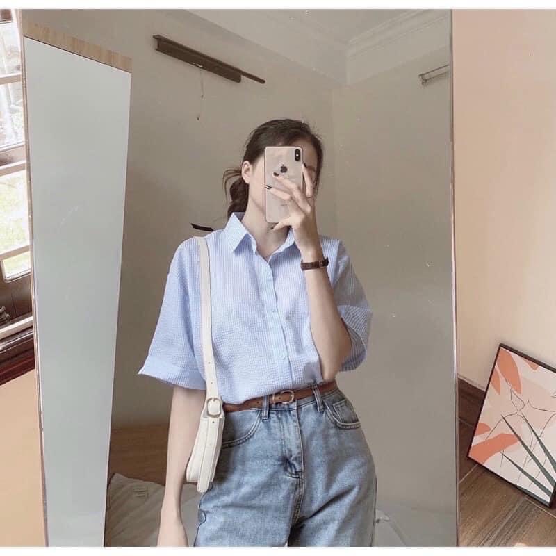 Áo sơ mi nữ ngắn tay áo kiểu nữ form rộng kẻ caro chất xốp đẹp hàng cao cấp PANOSI - A123