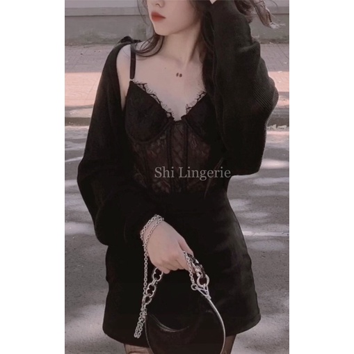 Áo corset ren dây đan (có sẵn mút ngực mỏng) [Shi.Lingerie]