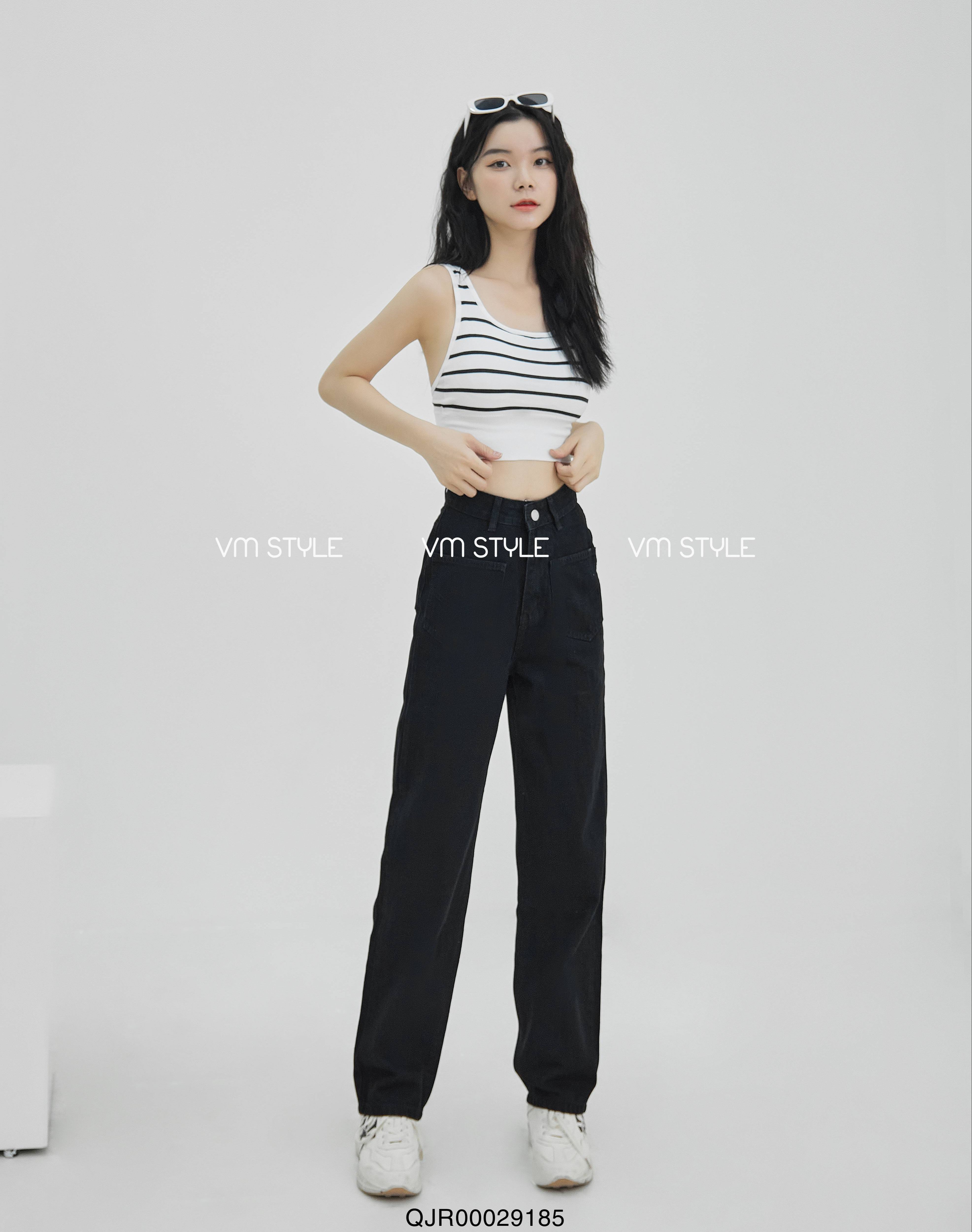 Quần jean ống rộng nữ VMSTYLE QJR00029 trơn lưng cao 2 túi hộp trước 265