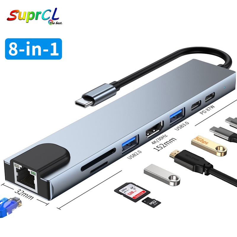 Bộ hub chuyển đổi nhiều cổng usb type c 8 trong 1 hdmi 4k 2 cổng usb c 87w pd tf/sd