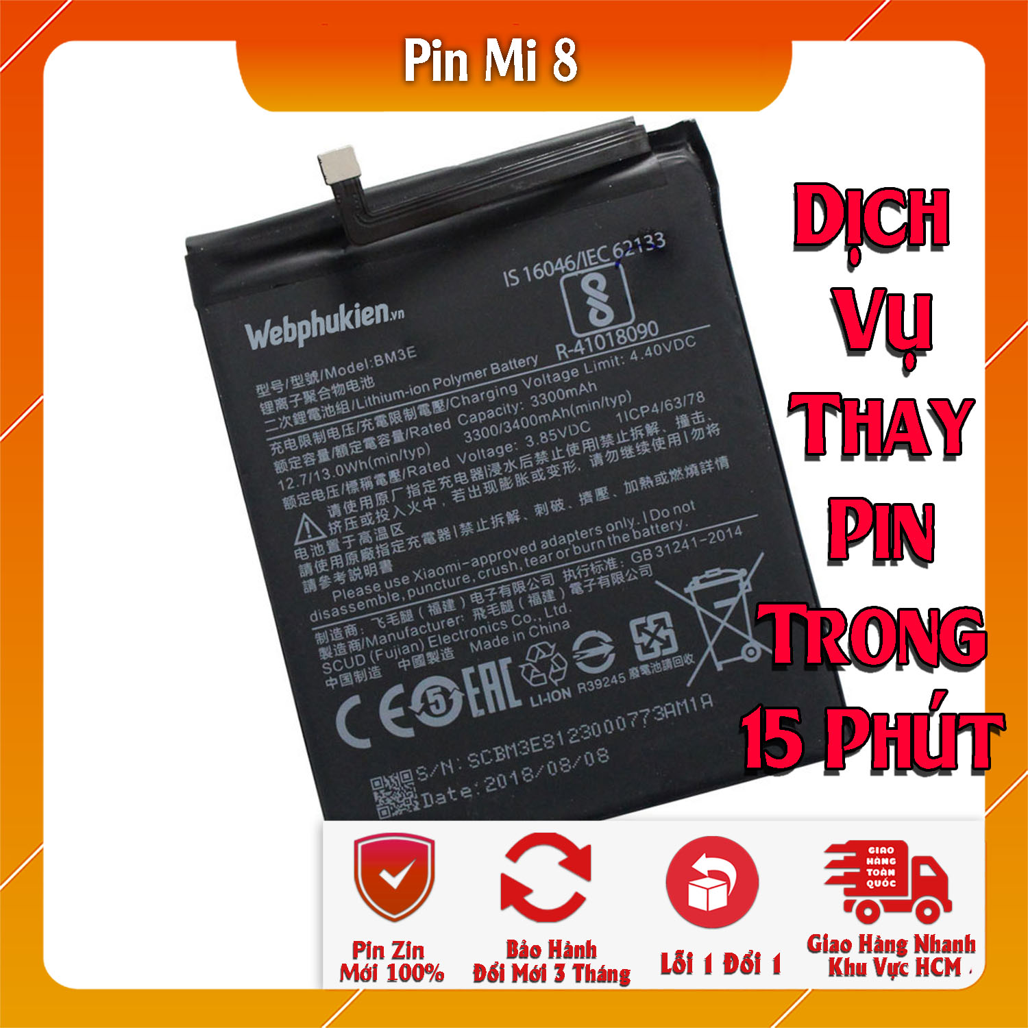 Pin webphukien cho Xiaomi Mi8 Mi 8 BM3E 3400mAh (Đen)