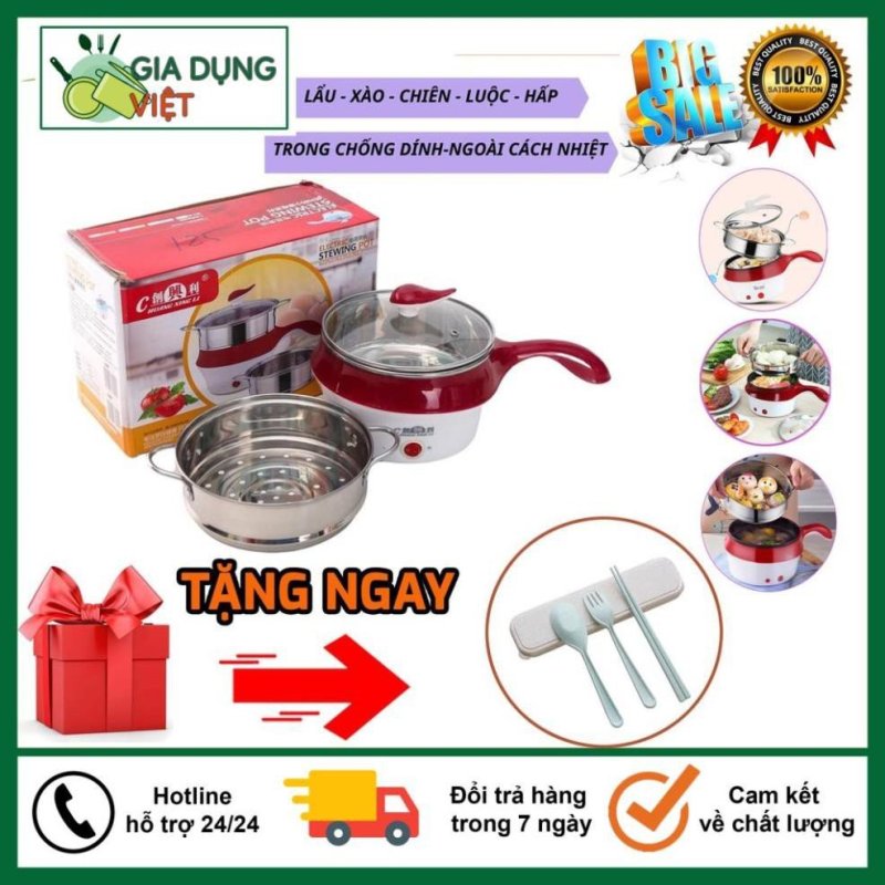 Giá bán Nồi Lẩu - Ca Nấu Mì 2 Tầng Mini Đa Năng, Chiên, Hấp, Lẩu, Rán Siêu Tiện Dụng - Tặng Kèm Bộ Đũa Thìa
