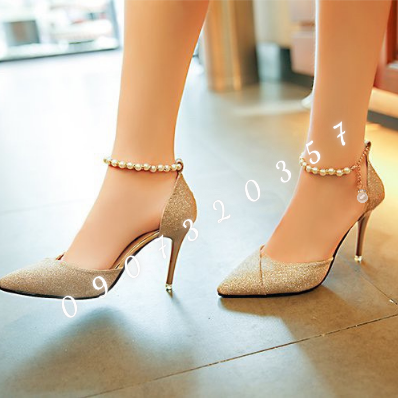 Giày cao gót nhọn 8p bít mũi da nhủ kim tuyến vòng cổ hạt châu BM24