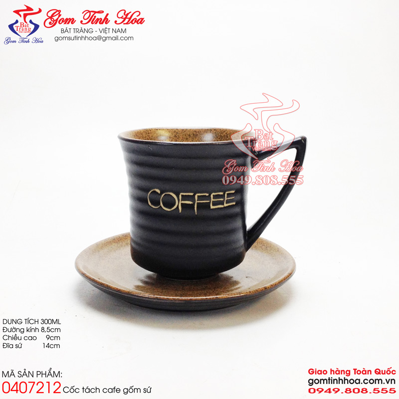 Ly cốc cafe quai vếch men đen lòng gốm