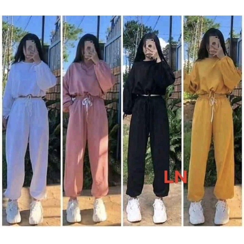 Bộ croptop rút bụng +quần bom chun ống LN12 áo thun nam nữ, quần kaki, quần nữ, sét bộ mặc ở nhà, áo thun tay dài, quần jean ống rộng - FANI