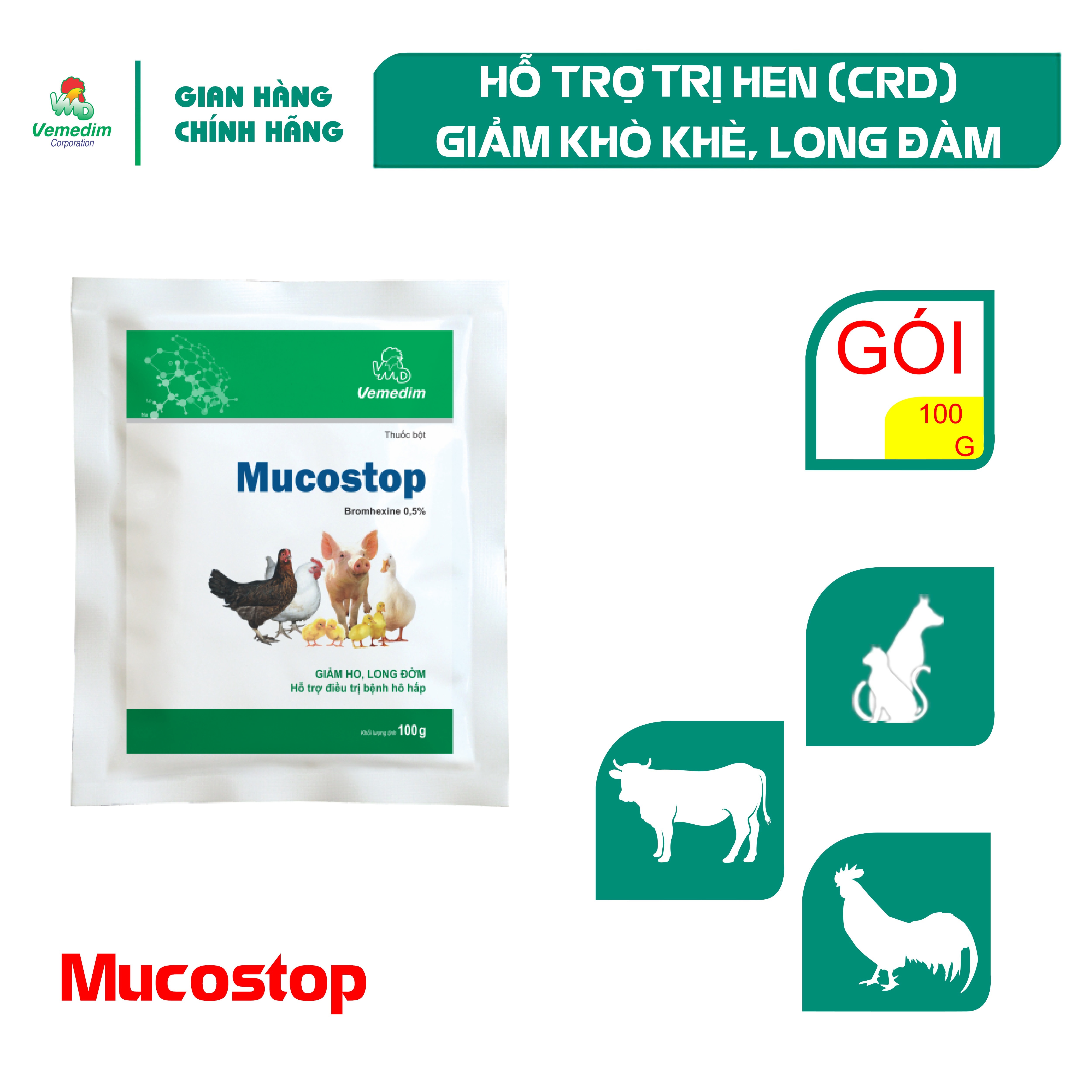 "hoàn tiền đến 10%" vemedim mucostop loãng đờm, tan đờm cho chó, mèo, gia súc, gia cầm, set 3 gói 100g