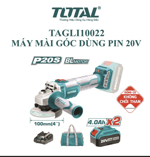 Máy mài góc dùng pin Lithium 20V Total TAGLI10022 ( Gồm 2 pin 4ah và sạc nhanh)