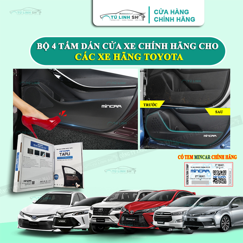 Bộ 4 Tấm dán Tapli xe Wigo, INNOVA, Altis, Camry, Cross, Fortuner, Hilux, Prado, Raize, RAV4, Rush, Veloz, Avanza, Vios, Yaris chính hãng MINCAR, chống xước tapi cửa ô tô bằng Carbon Air Fiber cao cấp