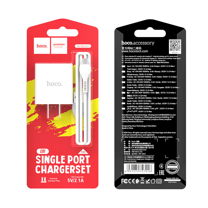 Bộ sạc cáp Hoco C81, cổng ra USB 2.1A - Lightning , Micro , Type-C dây sạc dài 1m
