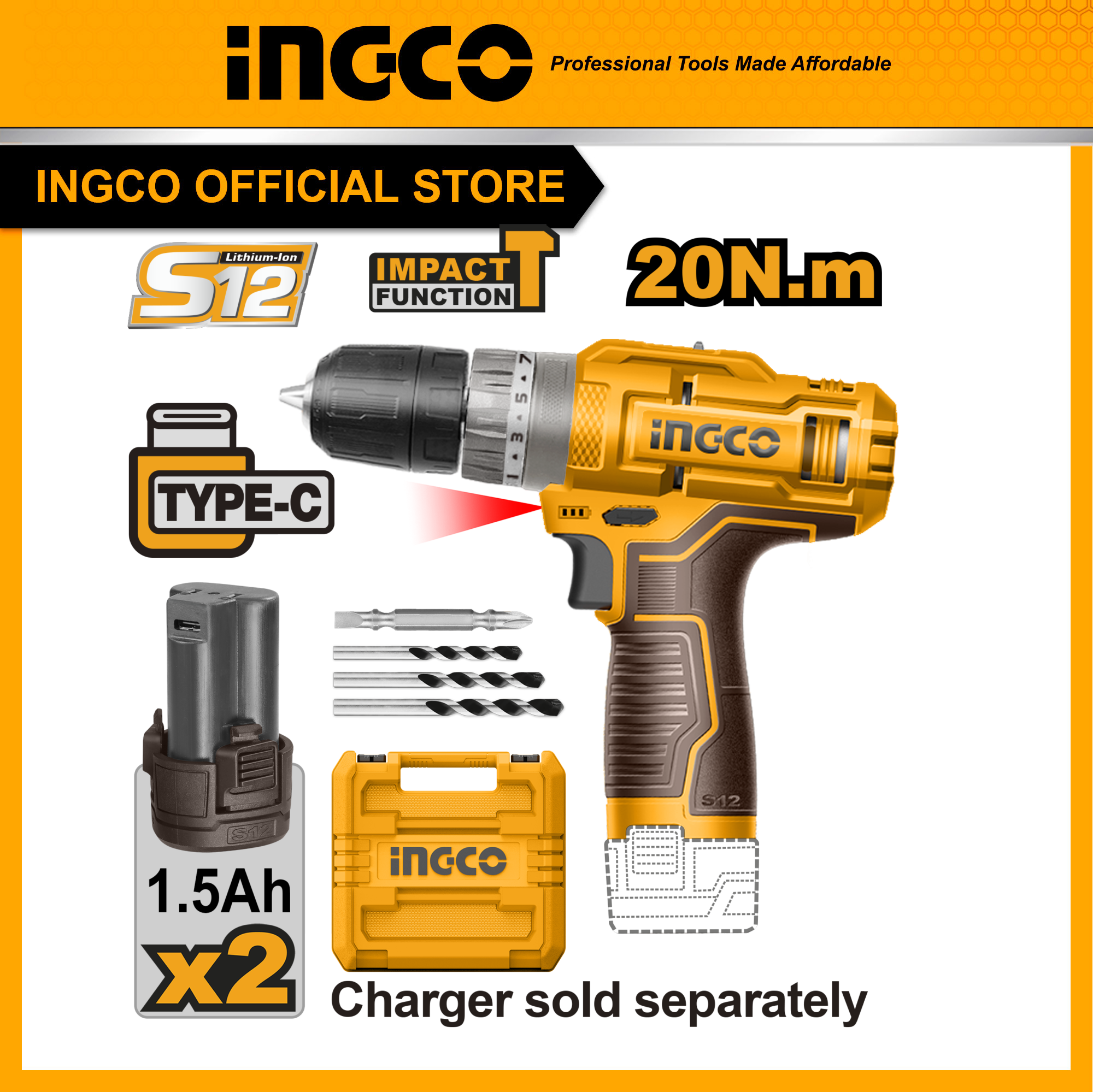 Máy khoan pin không dây 12v ingco cidli12202 có búa 3 chức năng khoan tường siết vít, kim loại giá rẻ sạc usb type-c