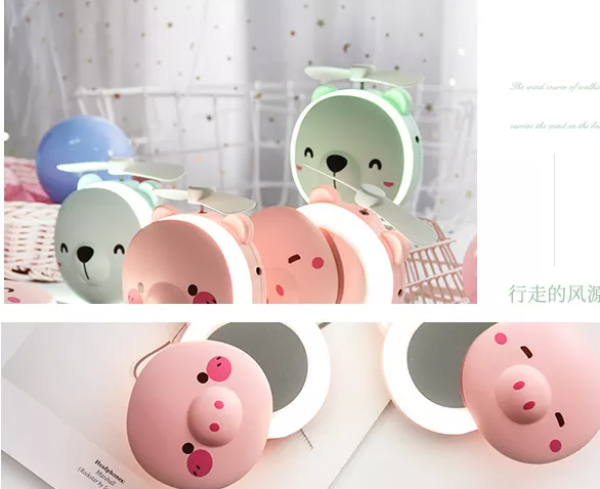 [HOT 3 IN 1] Quạt mini cầm tay, quạt mini có đèn LED kèm gương 3 trong 1 hình con lợn hồng dễ thương