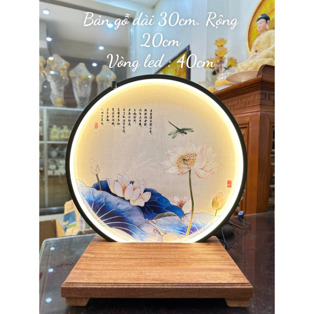Kệ đèn led trang trí tượng, thác khói đế gỗ Bát nhã tâm kinh 30cm