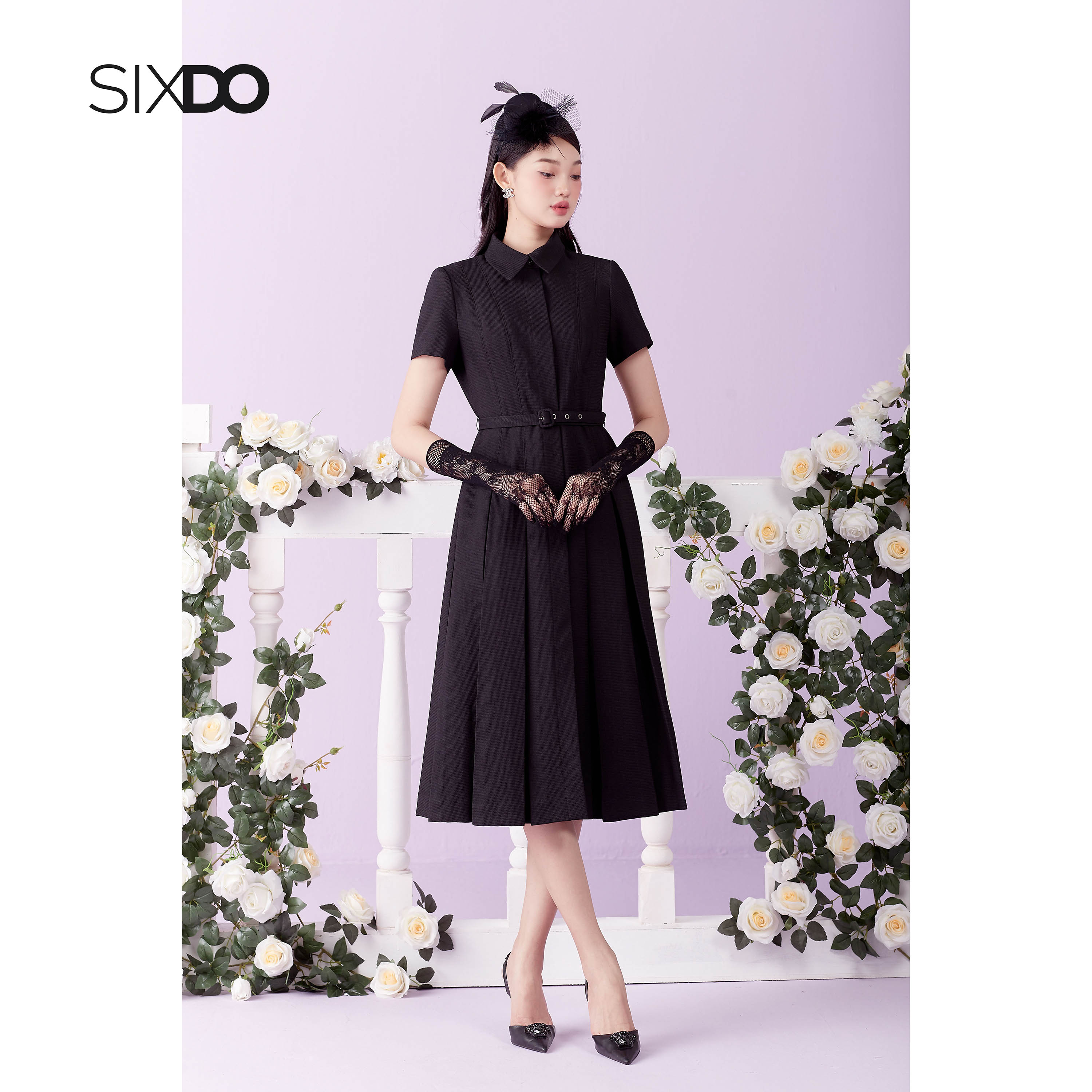 Đầm đen dáng xòe xếp ly SIXDO (Black Inverted Pleat Midi Raw Dress)