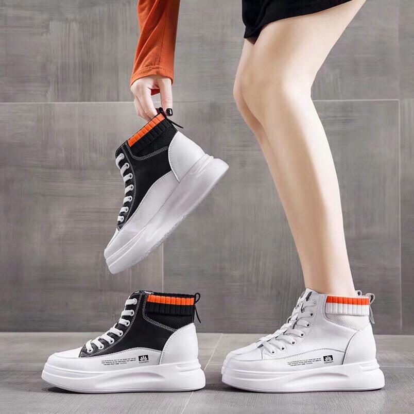 Giày cổ cao nữ độn đế cổ len chun kẻ cam mã A2