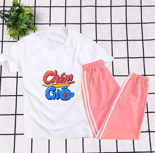 Sét Bộ Đồ Quần Áo Nữ Ngắn Tay Cotton Xinh Dễ Thương In CHÉM GIÓ Kèm Quần Thun Sọc Bo Chun Gấu