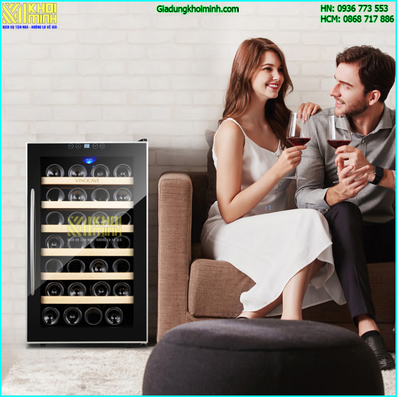 Tủ đựng rượu Vinocave loại 28 chai: kính cường lực 4 lớp chống UV, nhiệt độ từ 12 đến 18 độ C