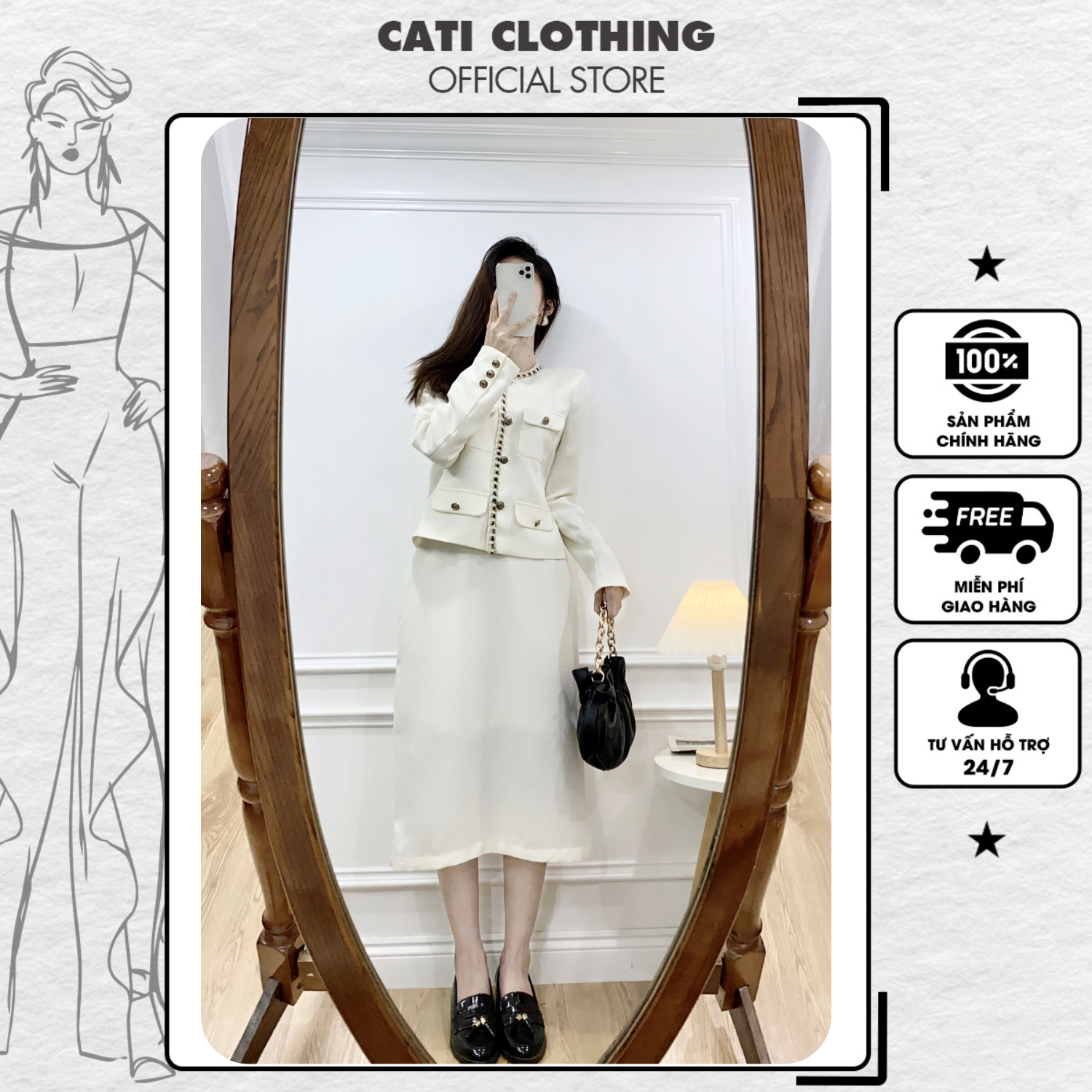 Set dạ CATI  trắng xinh lung linh (2214)