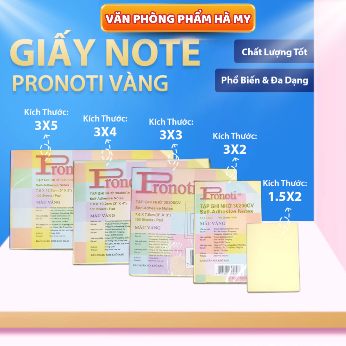 Giấy Note Vàng PRONOTI, Giấy Ghi Chú Nhiều Size, Ghi Chú Thông Tin Nhanh Chống Tiện Lợi