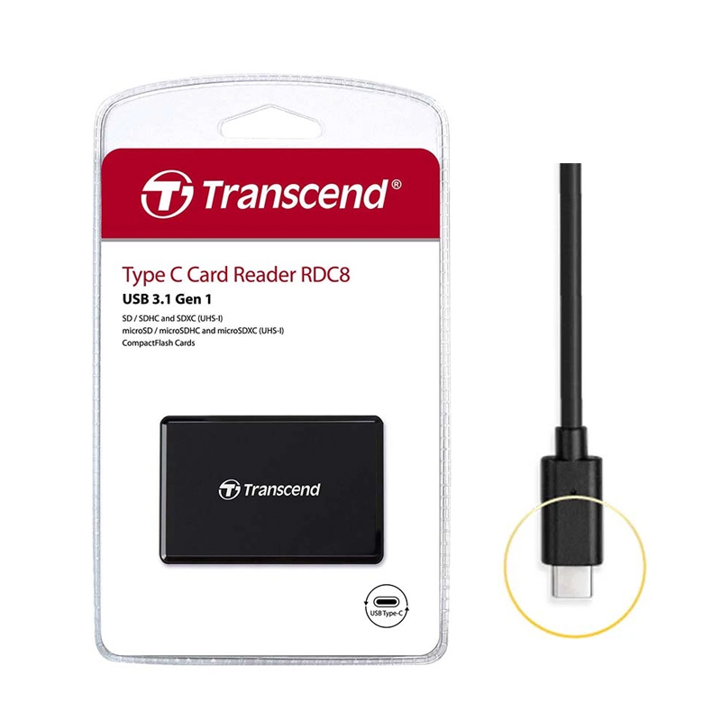Đầu đọc thẻ nhớ ALL-IN-ONE Transcend RDC8 TypeC Gen 1 hỗ trợ khe microSD/SD/CF (Đen) phụ kiện 1986