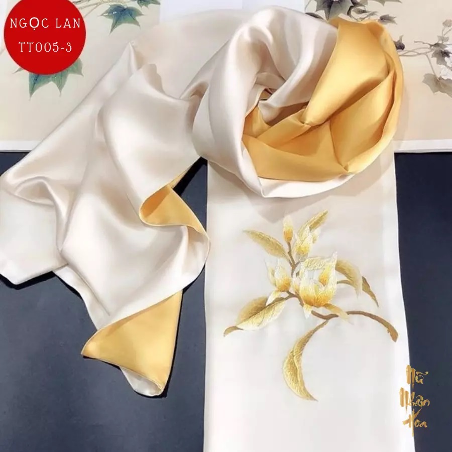 TT005 Khăn Lụa Thêu Tay Cao Cấp Hoạ Tiết Hoa Ngọc Lan