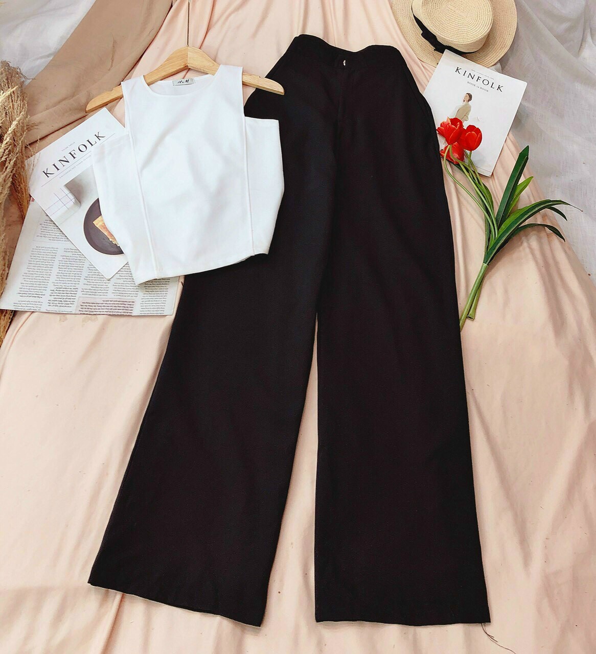 [HCM]Sét bộ kiểu nữ quần dài ống rộng áo croptop không tay