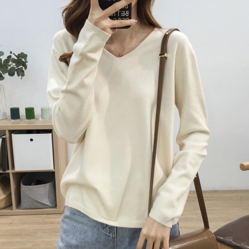 MS008 Áo len cổ tim dáng suông siêu mềm