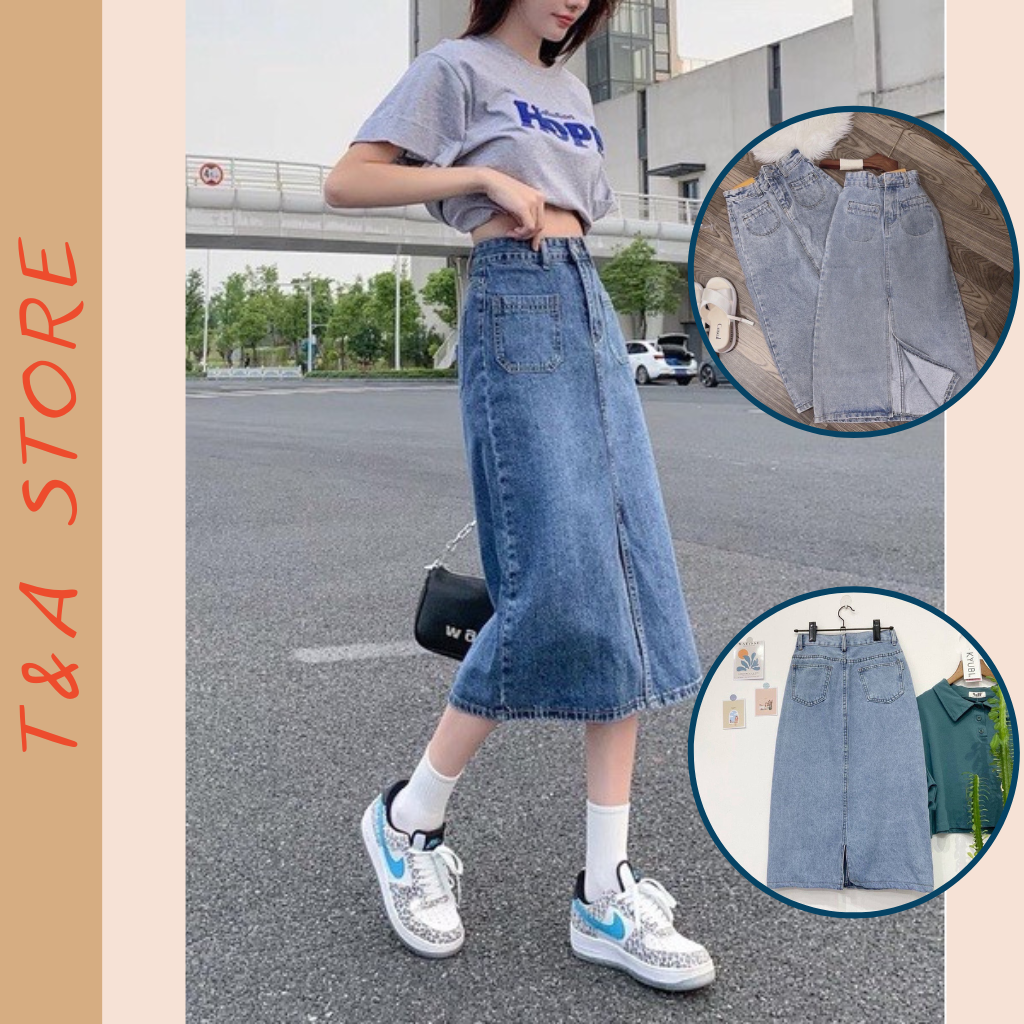 Chân váy Jean dài Midi váy jean xẻ vạt có túi chân váy bò 2 túi xẻ trước dáng chữ A màu xanh nhạt siêu cá tính mẫu TA3