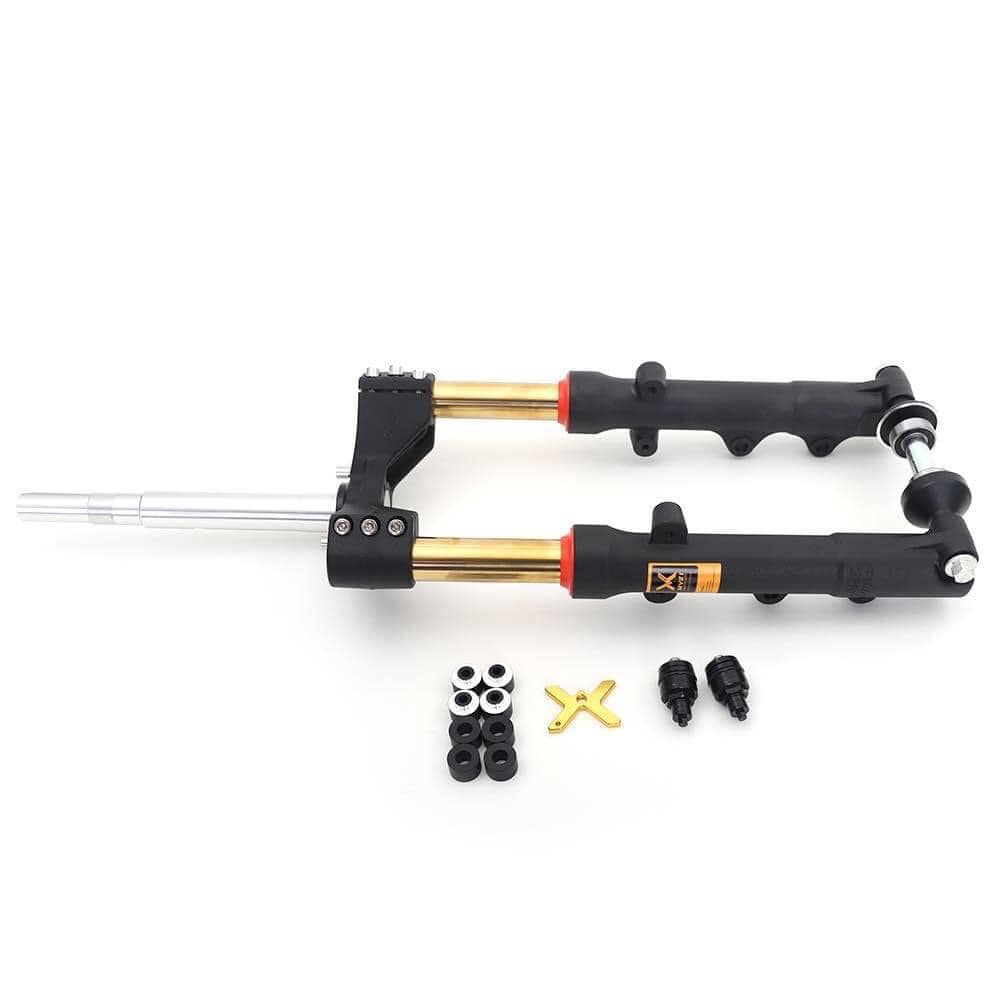 PHUỘC TRƯỚC 2 ĐĨA (x-MVR1 FORGED) CHO EXCITER 150 (MÀU ĐEN TY VÀNG) (ĐÃ GỒM CHẢNG BA CNC)