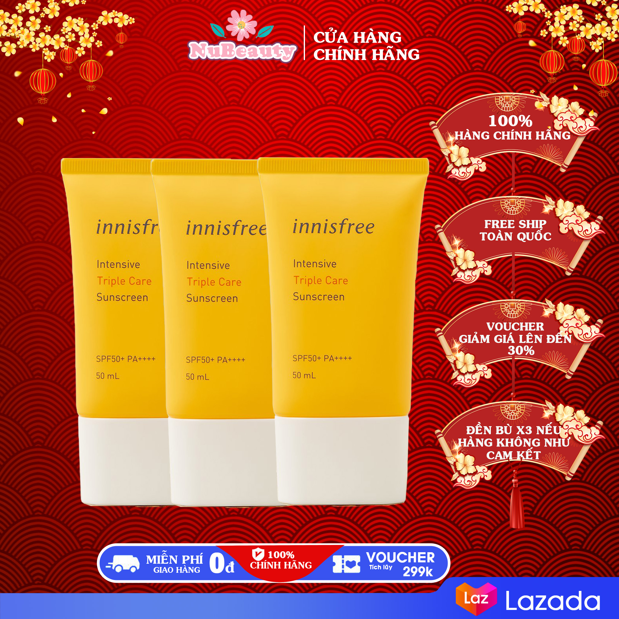 Kem Chống Nắng Chống Trôi Điều Chỉnh Tông Da Innisfree Intensive Triple-Shield Sunscreen SPF 50+/PA++++ 50ml